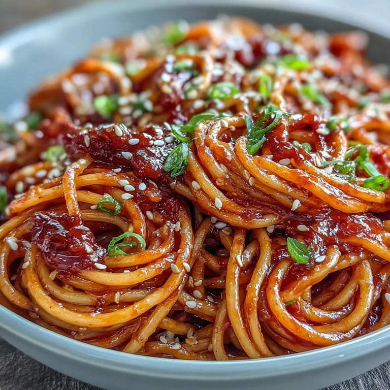 Luscious Gochujang Butter Pasta featuring tender noodles in a rich, umami sauce with a hint of sweetness.