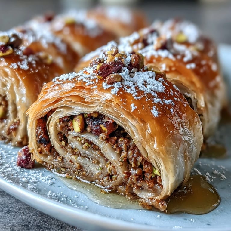 Golden baklava rolls filled with sweet pistachio mixture, baked to perfection and soaked in a luscious citrus blossom syrup.