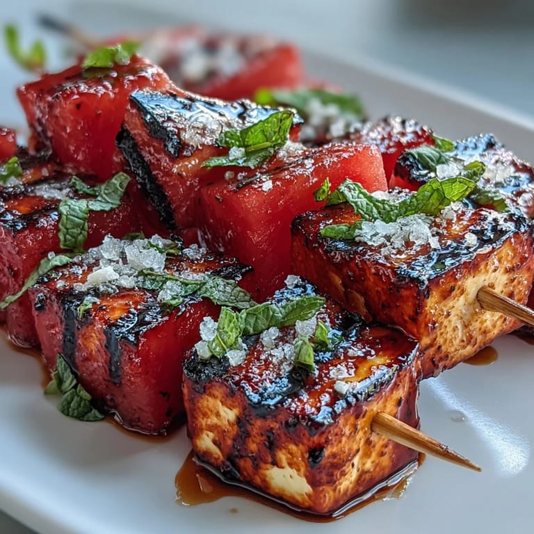 Golden grilled halloumi watermelon kebabs with fresh mint, perfect appetizer.