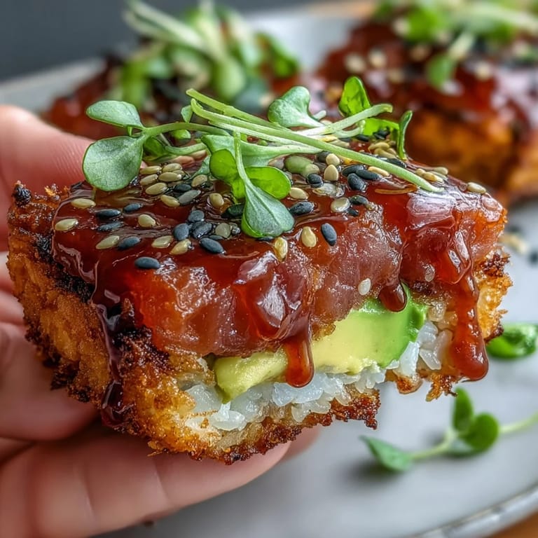 Appetizing Spicy Tuna Crispy Rice Bites garnished with fresh avocado and drizzle.