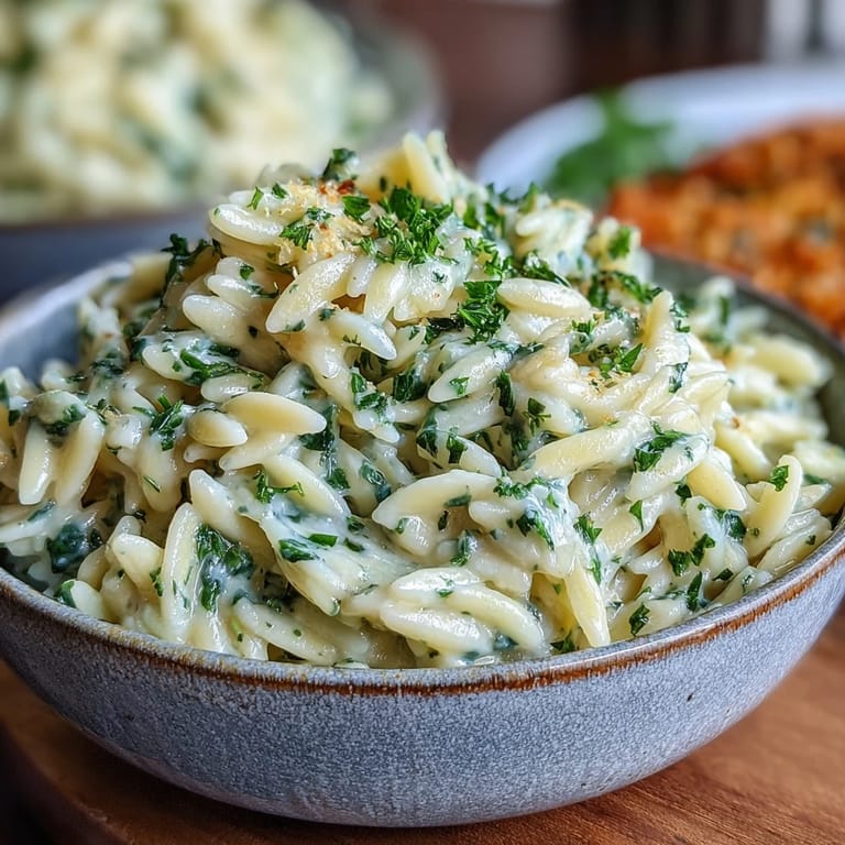 Tender orzo pasta coated in rich, aromatic herb butter, perfect as an easy side.