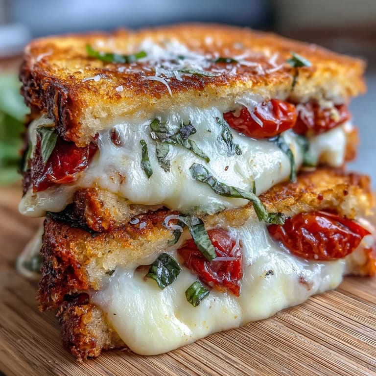 Crispy, cheesy Pizza Margherita Grilled Cheese sandwich, perfect for a quick and delicious lunch.