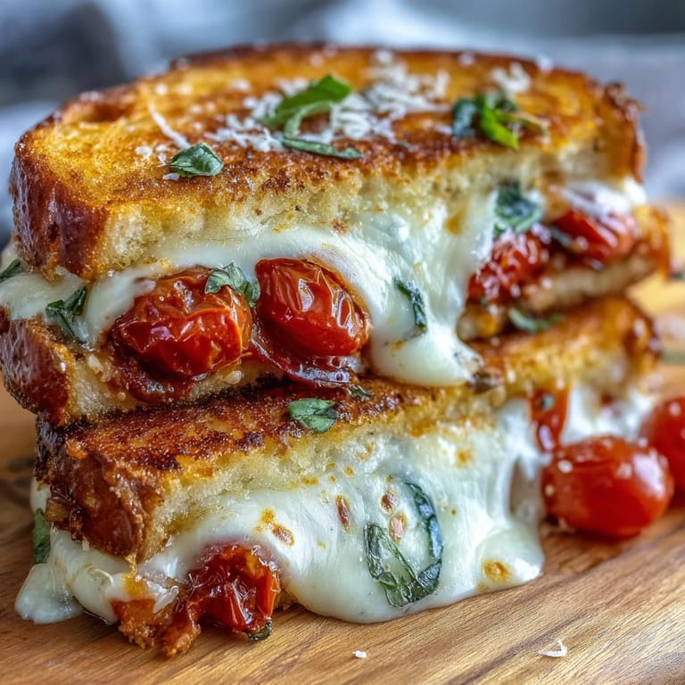 Juicy tomato and basil layered inside a perfectly grilled Pizza Margherita Grilled Cheese delight.