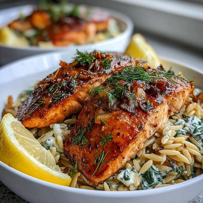 Tender lemon dill orzo with delicate flaked salmon, perfect for an elegant weeknight meal.