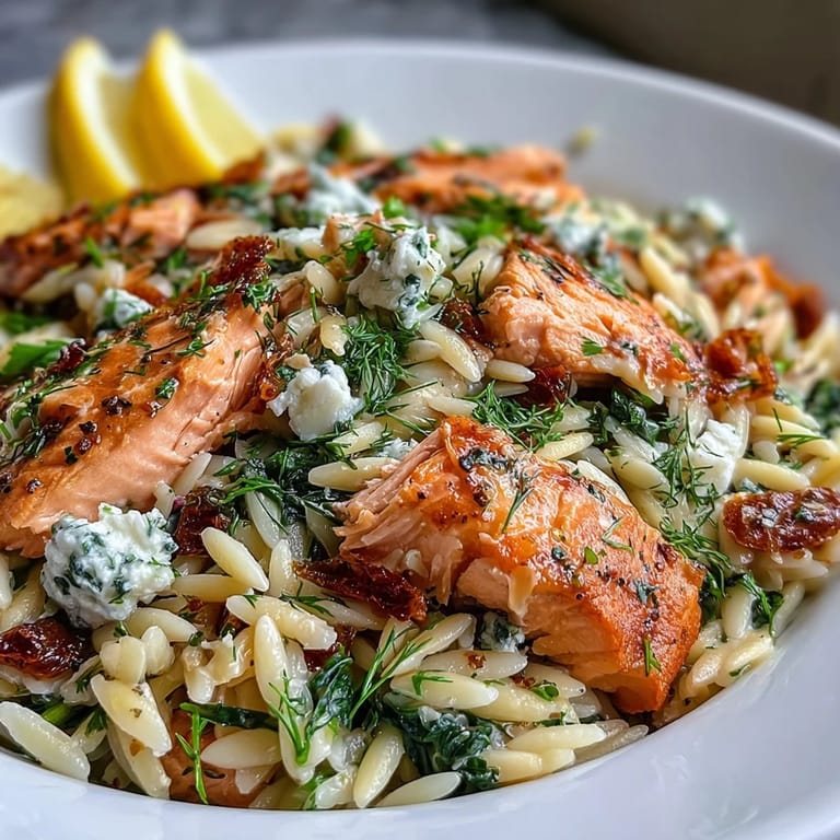 A vibrant plate of lemon dill orzo, showcasing perfectly baked salmon and fresh herbs.