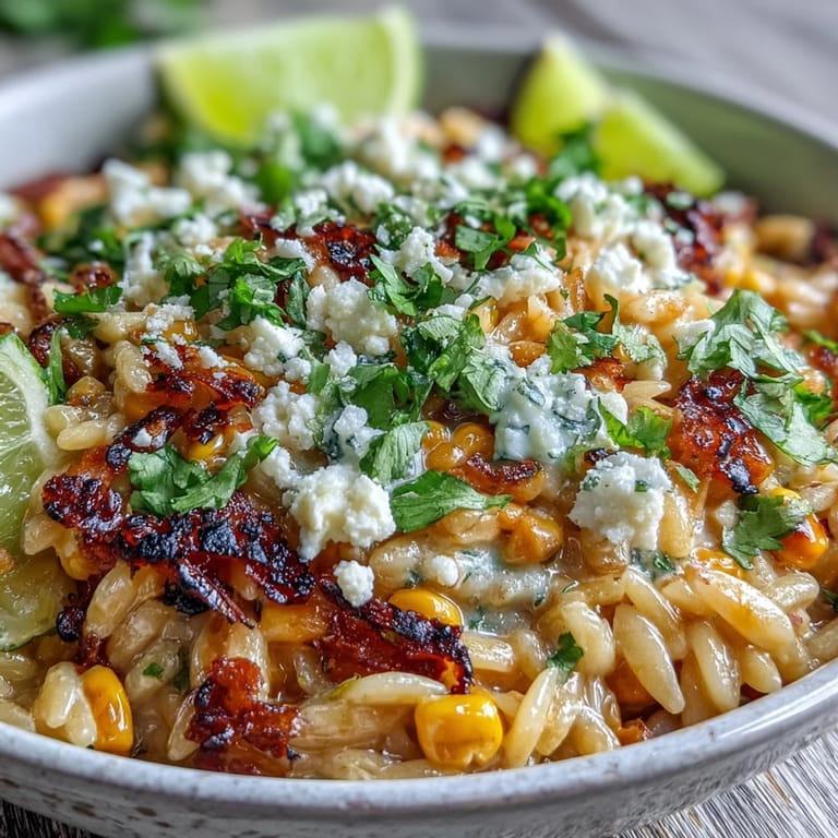 Mexican Street Corn Orzo dish garnished with cilantro and a lime wedge.