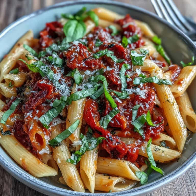 Close-up of delicious creamy tomato basil pasta swirled with sauce on a fork.