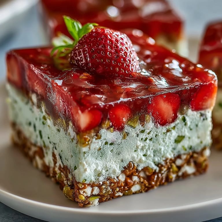 Close-up of Pistachio Strawberry Pretzel Jello Salad, showcasing the crunchy pretzel crust and fruity layers.