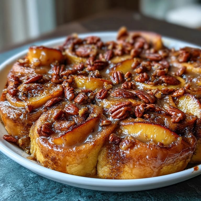 Golden baked Peach Cobbler Cinnamon Roll Casserole, a perfect brunch treat.