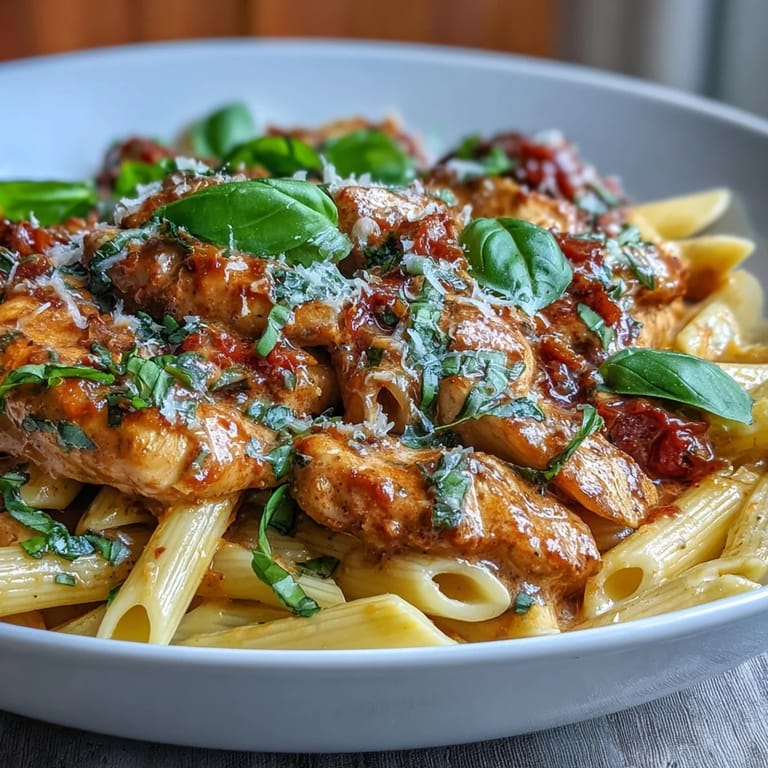 One-pan Creamy Tomato Basil Chicken Pasta bathed in luscious, aromatic red sauce.