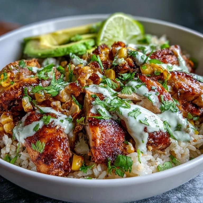 Hearty Street Corn Chicken Rice Bowls with creamy corn and zesty lime.