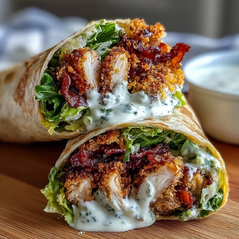 Tender breaded chicken strips piled high in a Caesar salad wrap.
