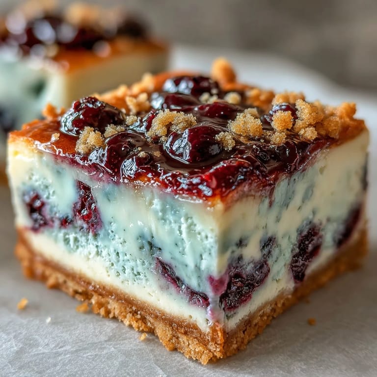 Bright no-bake lemon blueberry cheesecake bars with a buttery biscuit crust.
