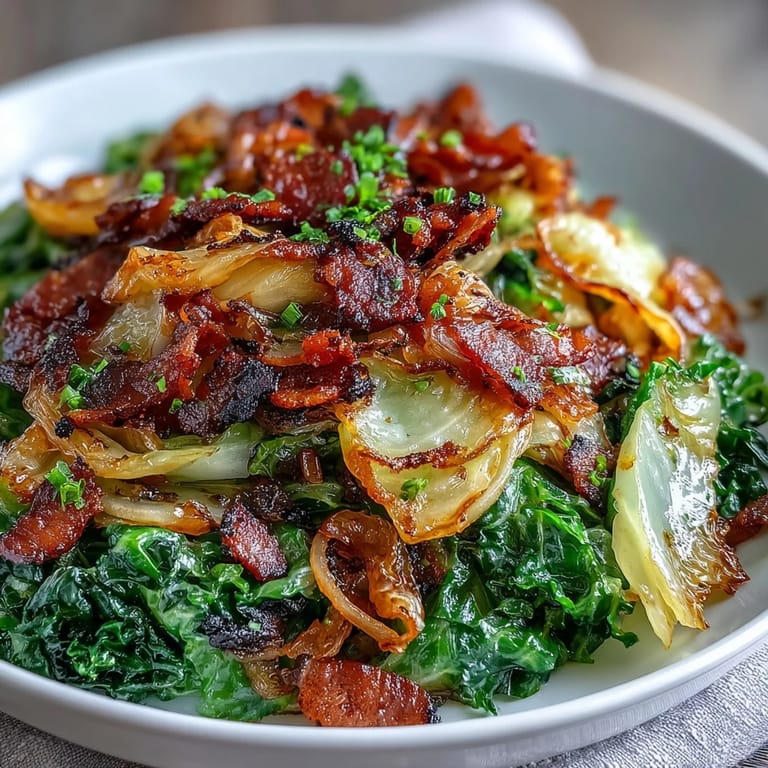 Hearty fried cabbage with smoky bacon and caramelized onions, ready to serve.
