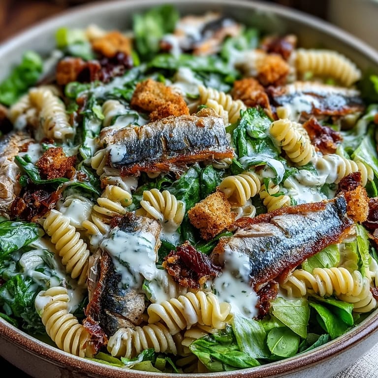 Delectable Sardine Caesar Pasta Salad, a perfect quick meal with creamy dressing.