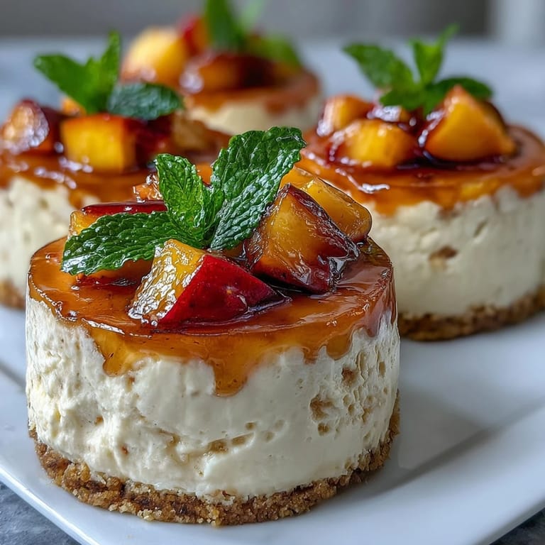 Delicate Peach Bellini Jello Cheesecake Cups with fresh peach garnish and mint.