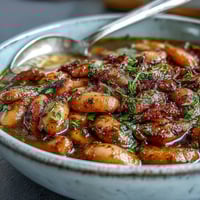 A steaming bowl of ham bone bean soup with smoky paprika, tender beans, and savory ham chunks, perfect for a cozy dinner.