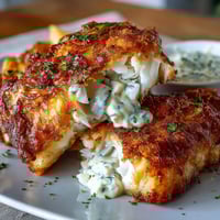 Crispy golden catfish fillets seasoned with Southern spices, served with zesty remoulade sauce in a classic soul food platter.  