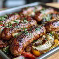 Juicy Italian sausages and colorful bell peppers roasted to perfection on a sheet pan for an easy, flavorful dinner.