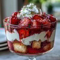 A beautiful layered dessert with fresh strawberries, fluffy whipped cream, and tender vanilla cake in a glass.