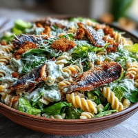Creamy Sardine Caesar Pasta Salad with crisp romaine, chunky sardines, and croutons.